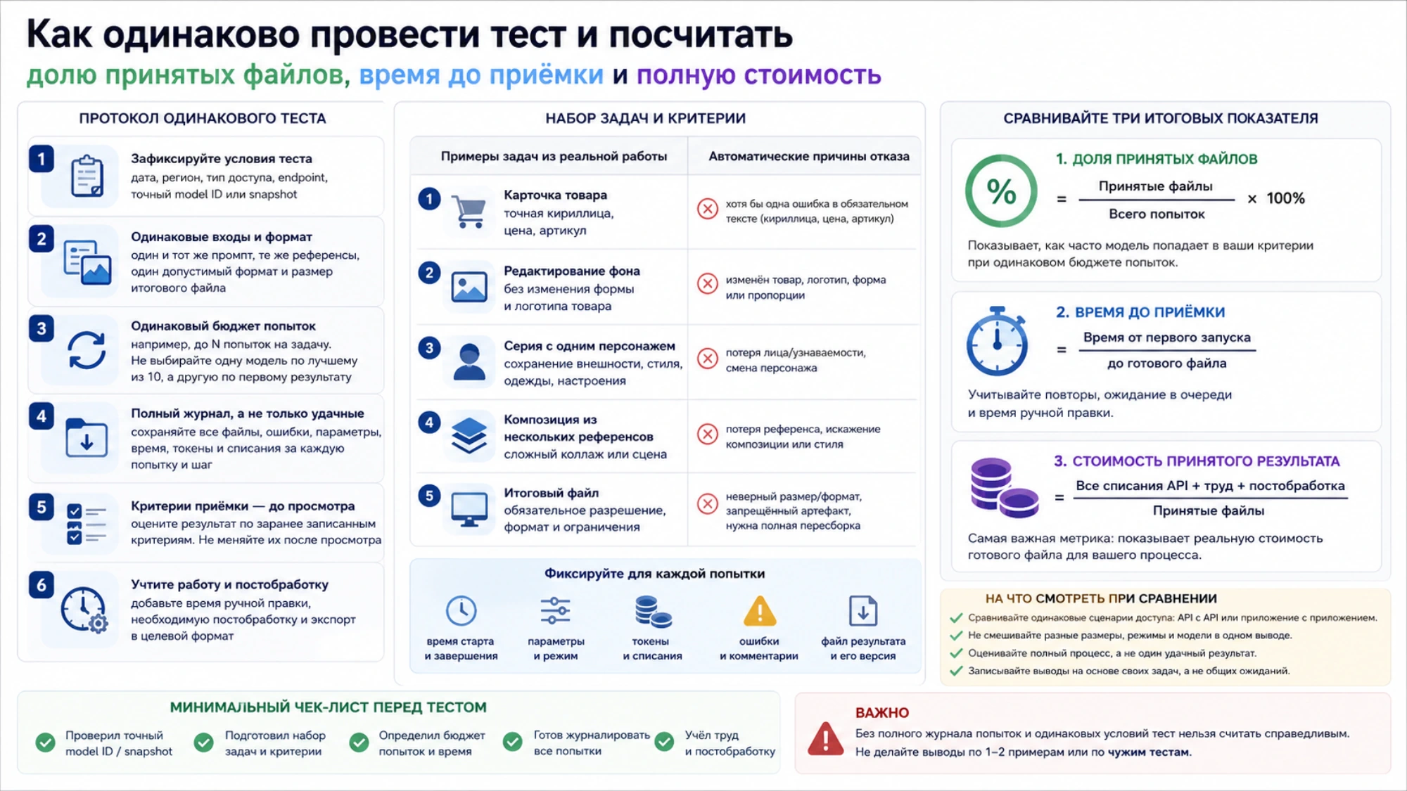 Как одинаково провести тест и посчитать долю принятых файлов, время до приёмки и полную стоимость