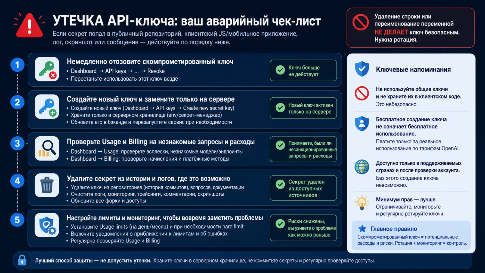 Безопасно отозвать скомпрометированный API-ключ и проверить расходы