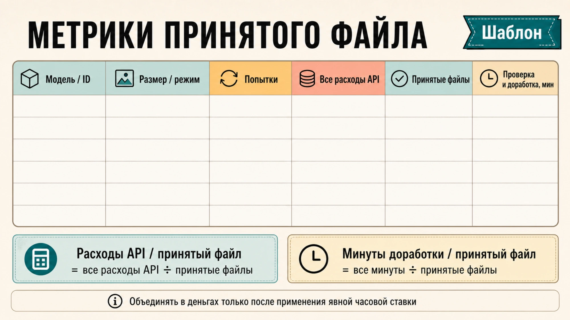 Лист с отдельными полями для расходов API, принятых файлов и минут доработки