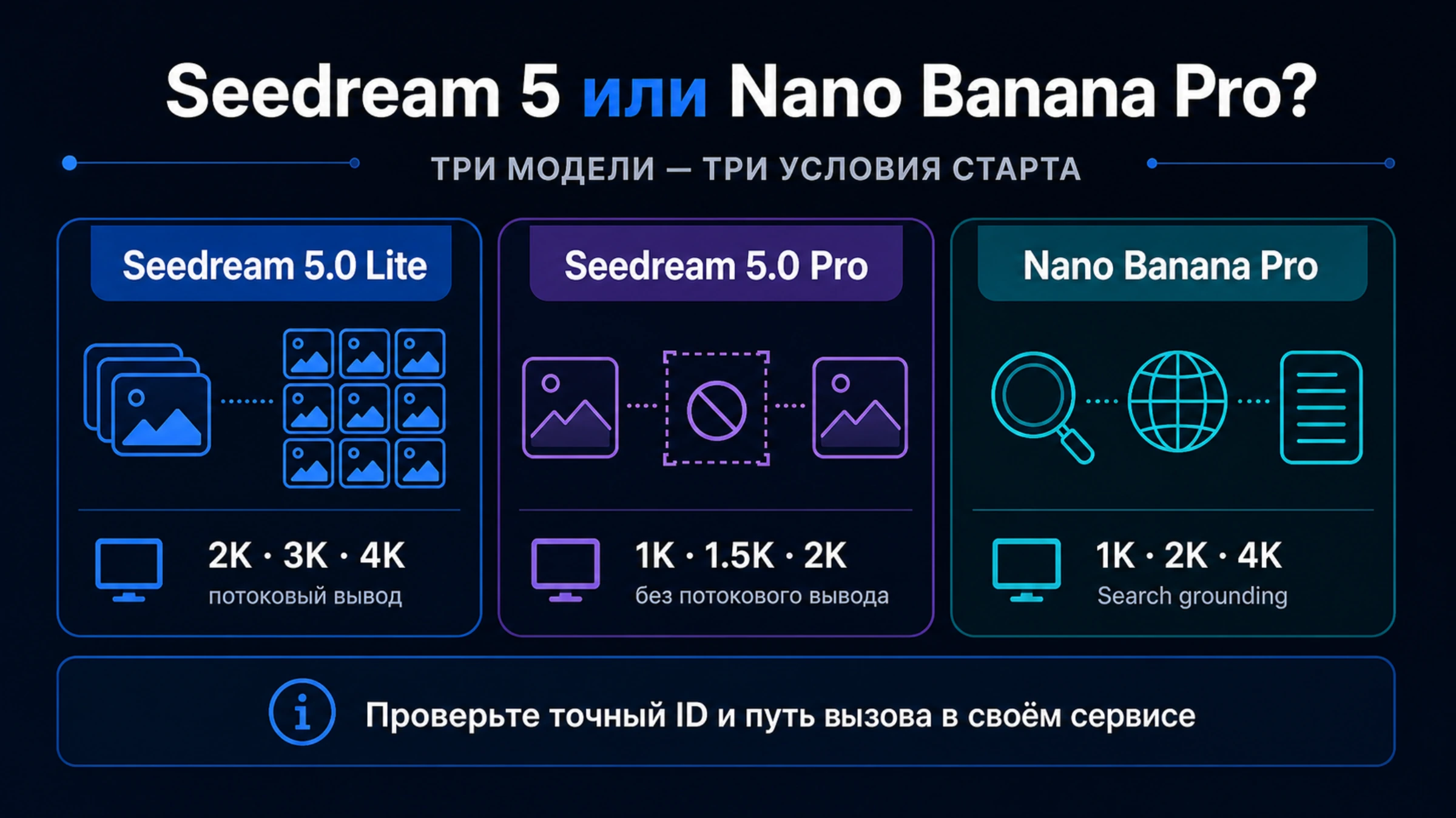 Выбор между Seedream 5 Lite, Seedream 5 Pro и Nano Banana Pro с проверкой модели у сервиса