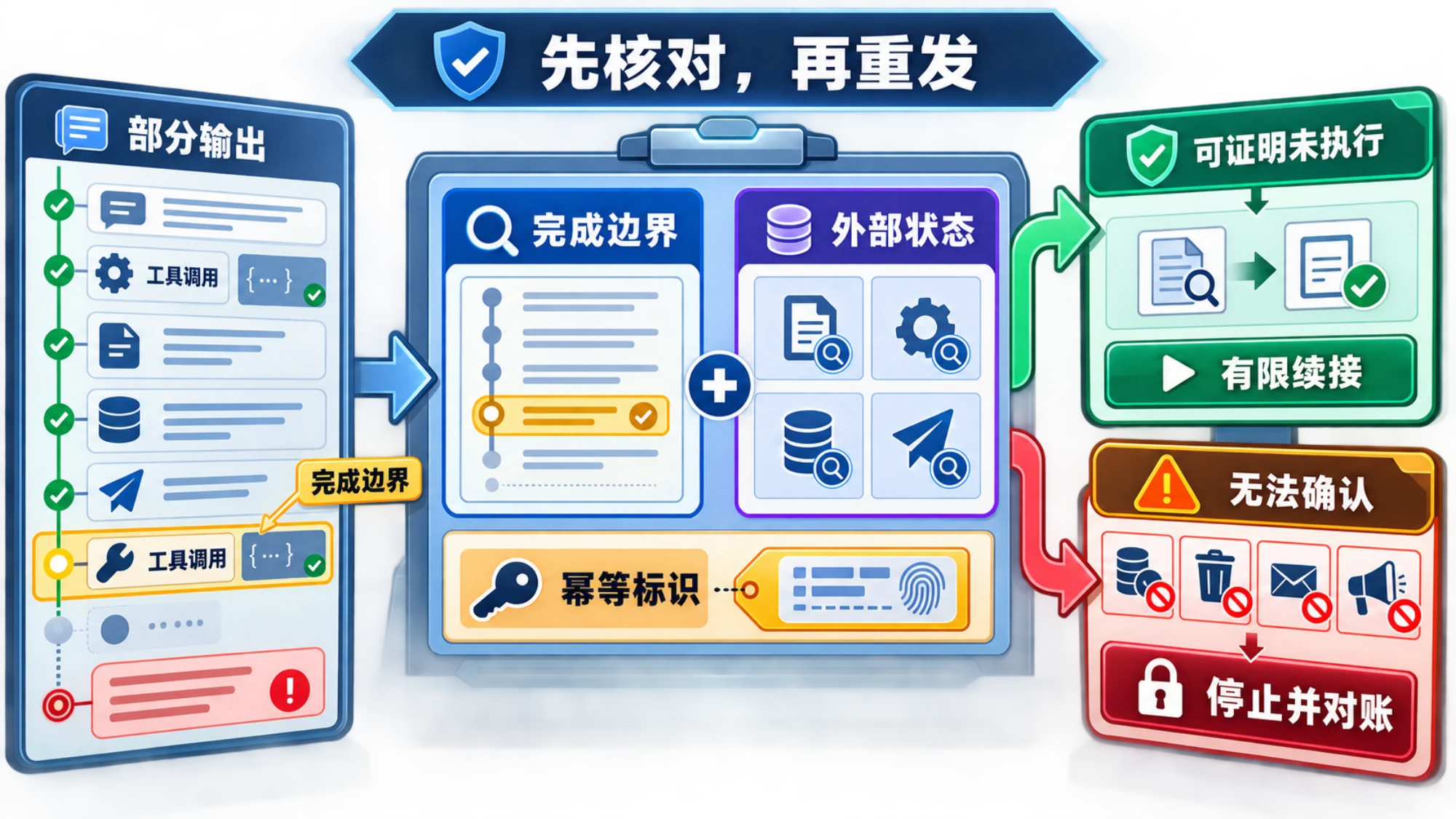 部分响应安全检查：先核对已完成输出和外部副作用，再决定续接或重发