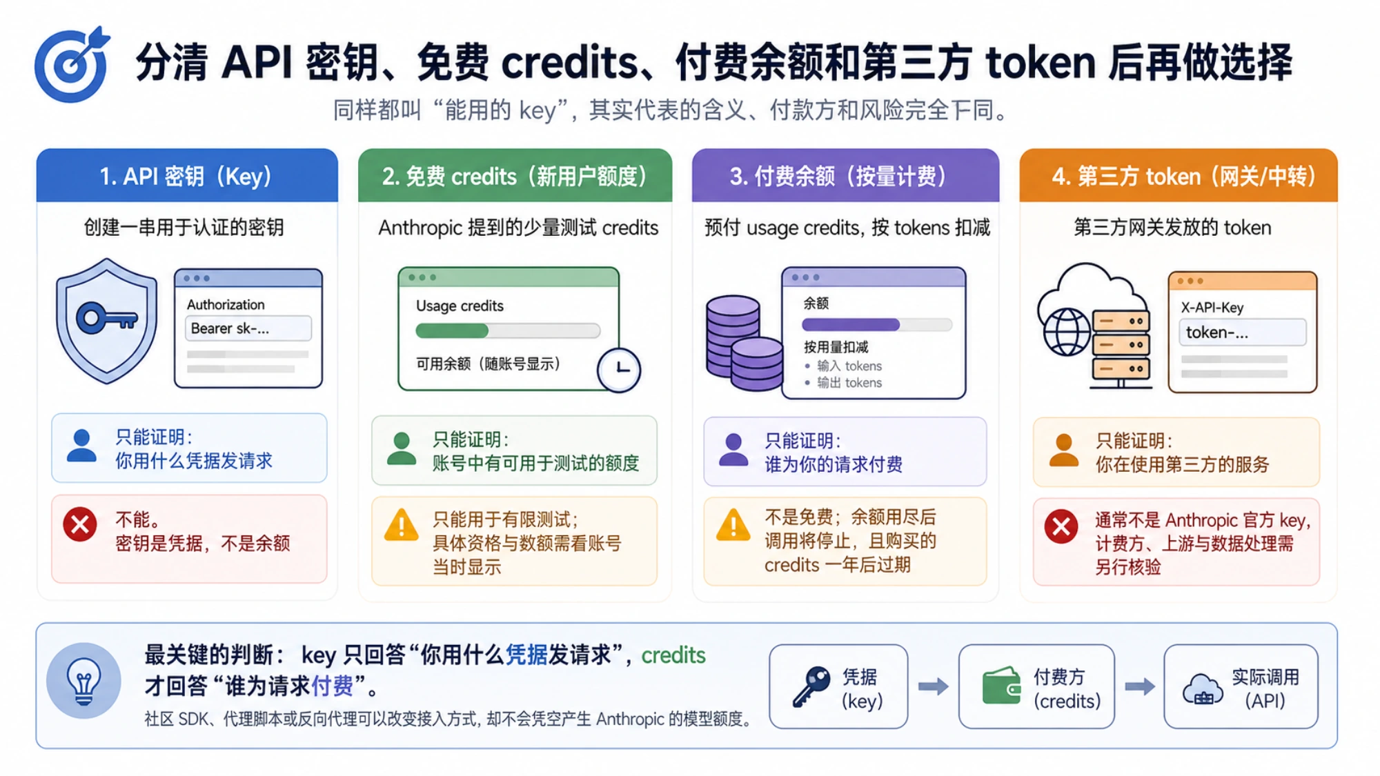 分清 API 密钥、免费 credits、付费余额和第三方 token 后再做选择