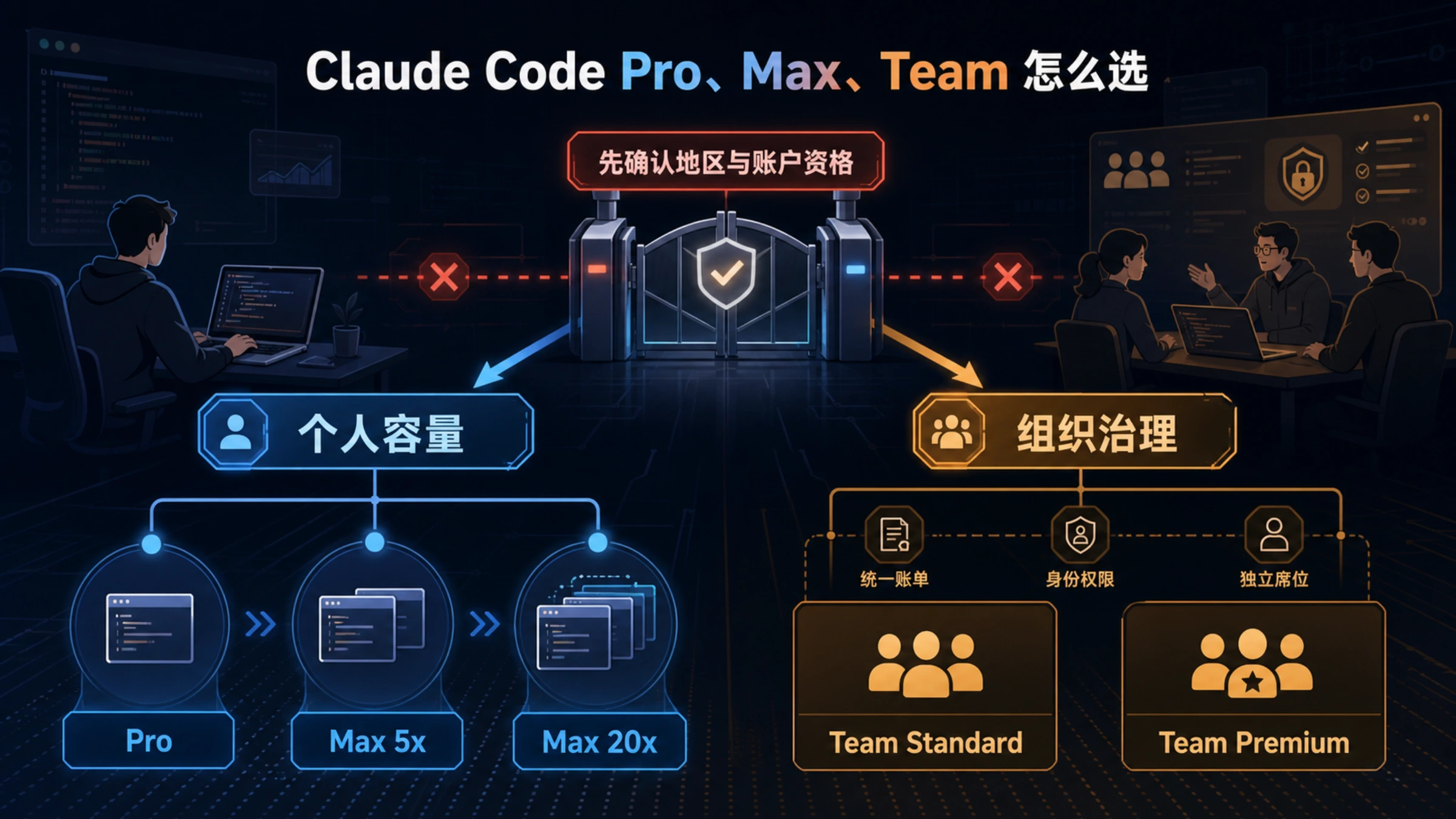 Claude Code Pro、Max 与 Team 个人容量和团队管理选择示意