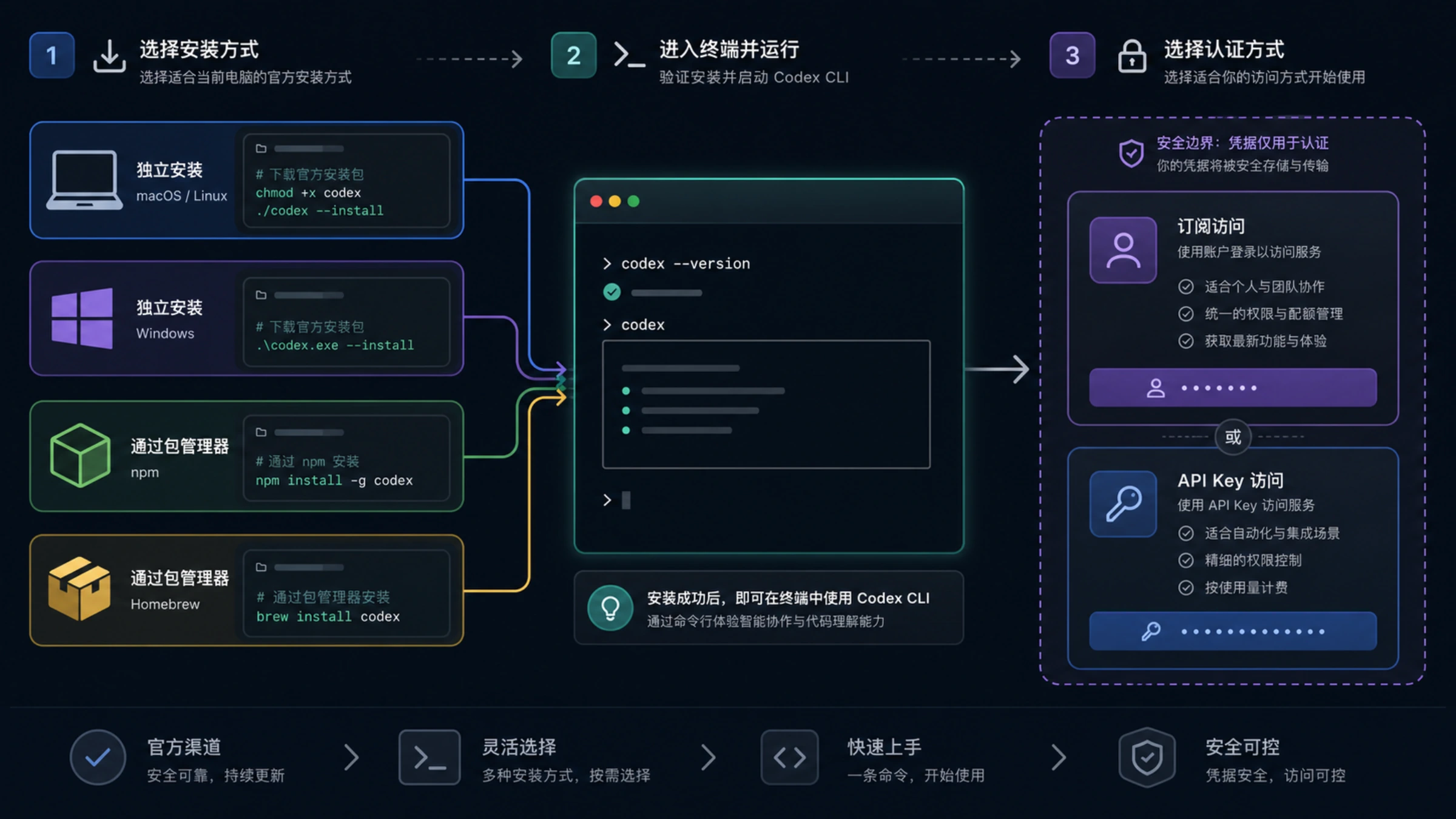 Codex CLI 官方安装渠道、验证与登录路径示意