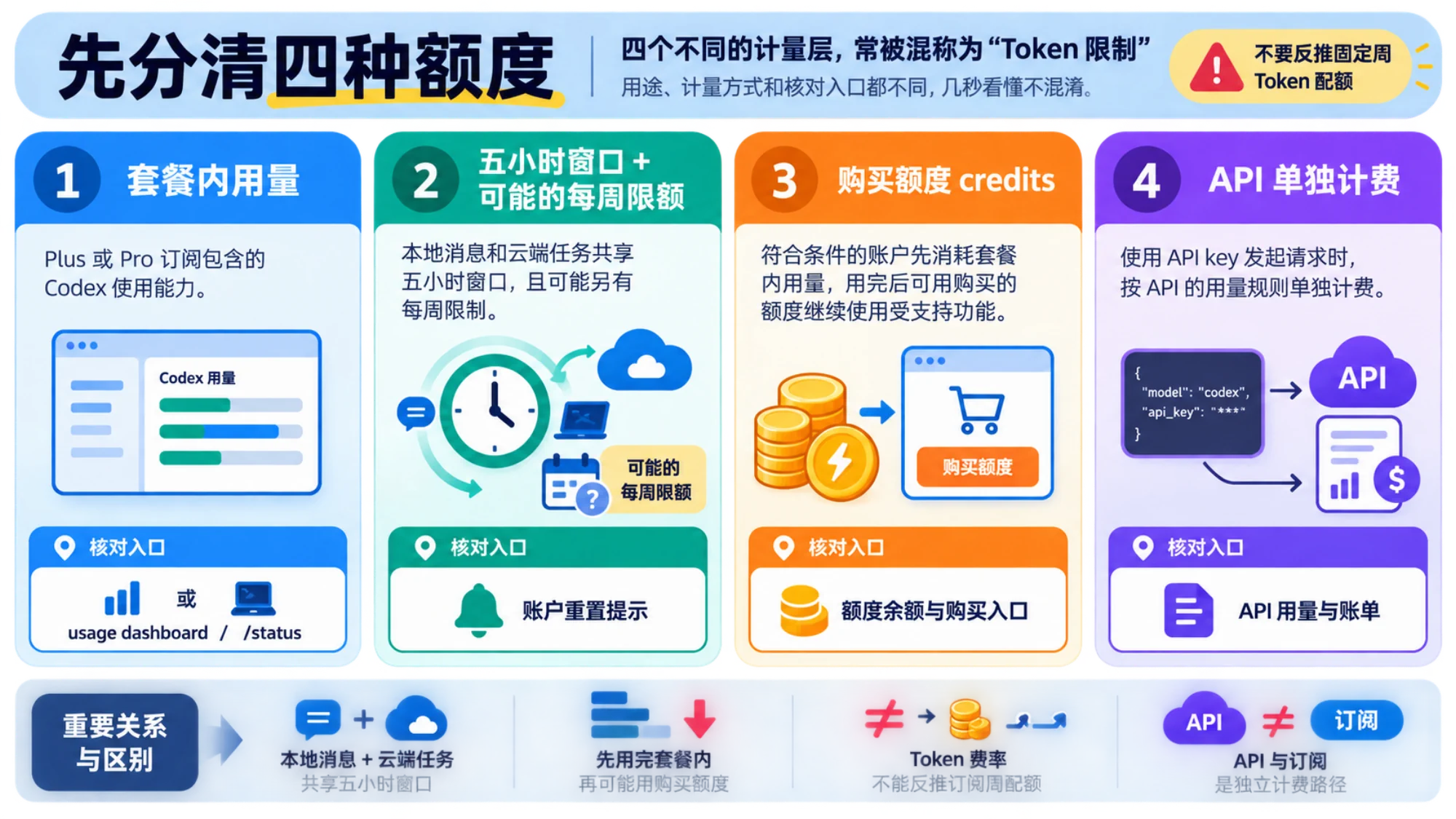 套餐内用量、五小时与每周限制、购买额度和 API 计费是四个不同的计量层