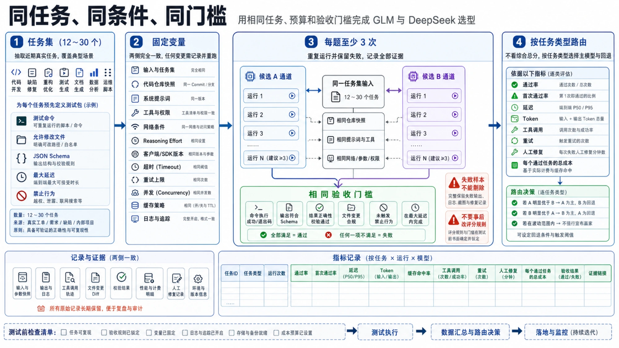 用相同任务、预算和验收门槛完成 GLM 与 DeepSeek 选型