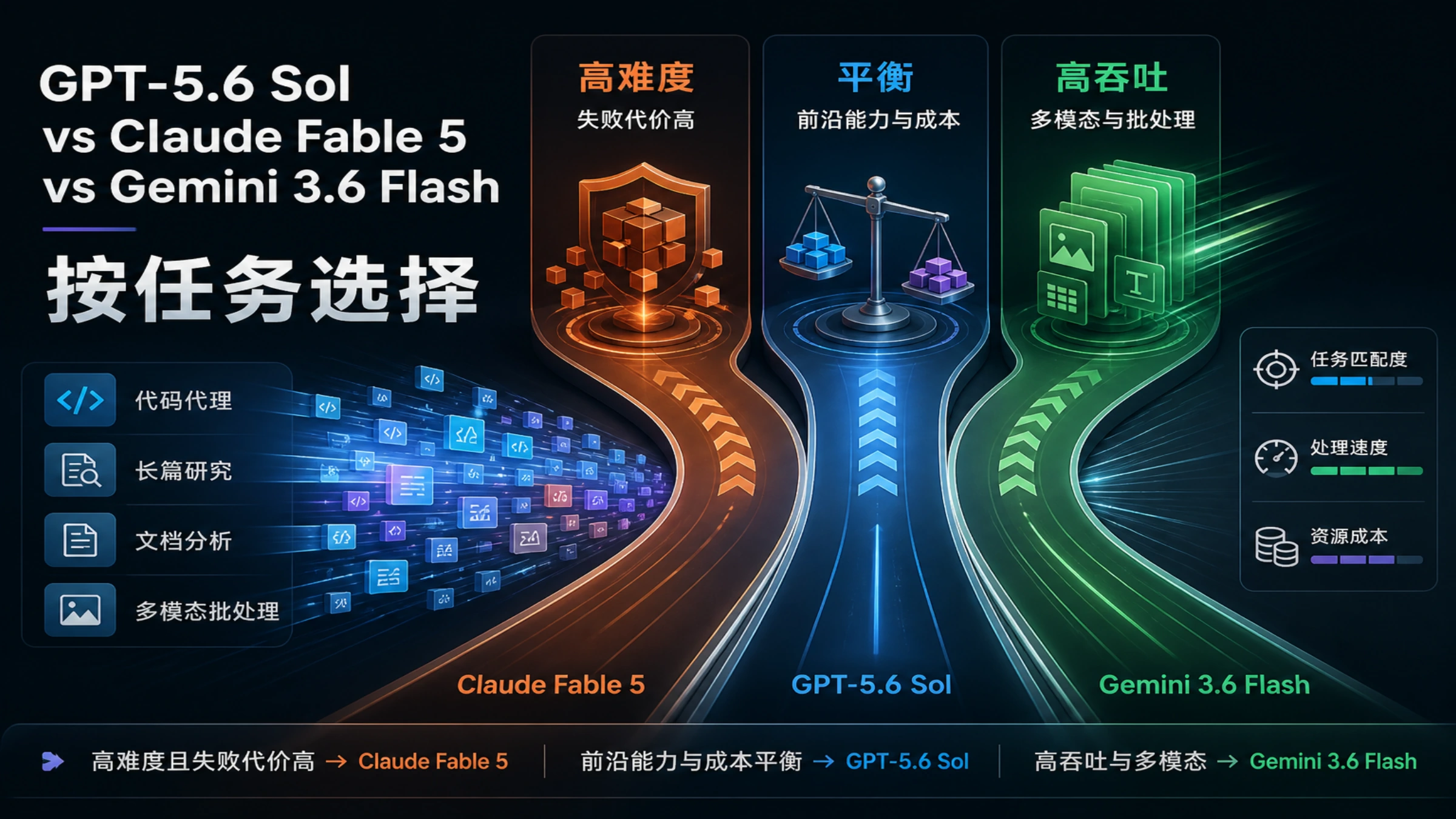 三条任务路径分别指向 GPT-5.6 Sol、Claude Fable 5 和 Gemini 3.6 Flash