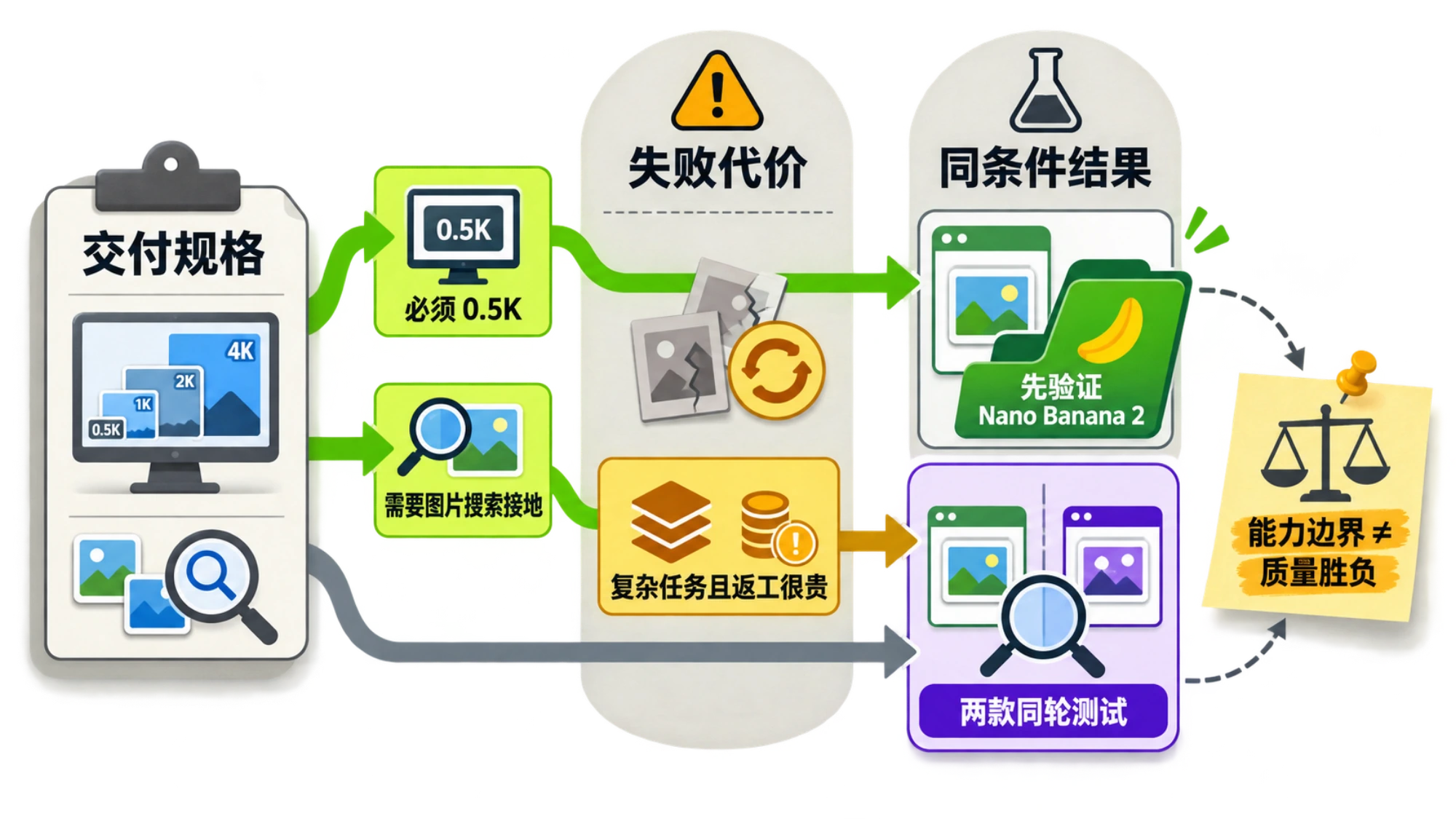 根据交付规格、失败代价和测试结果选择 Nano Banana 2 或 Pro