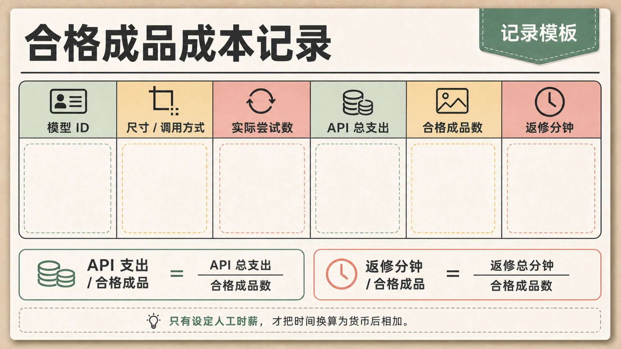 按合格图和返修分钟计算真实成本的测试卡