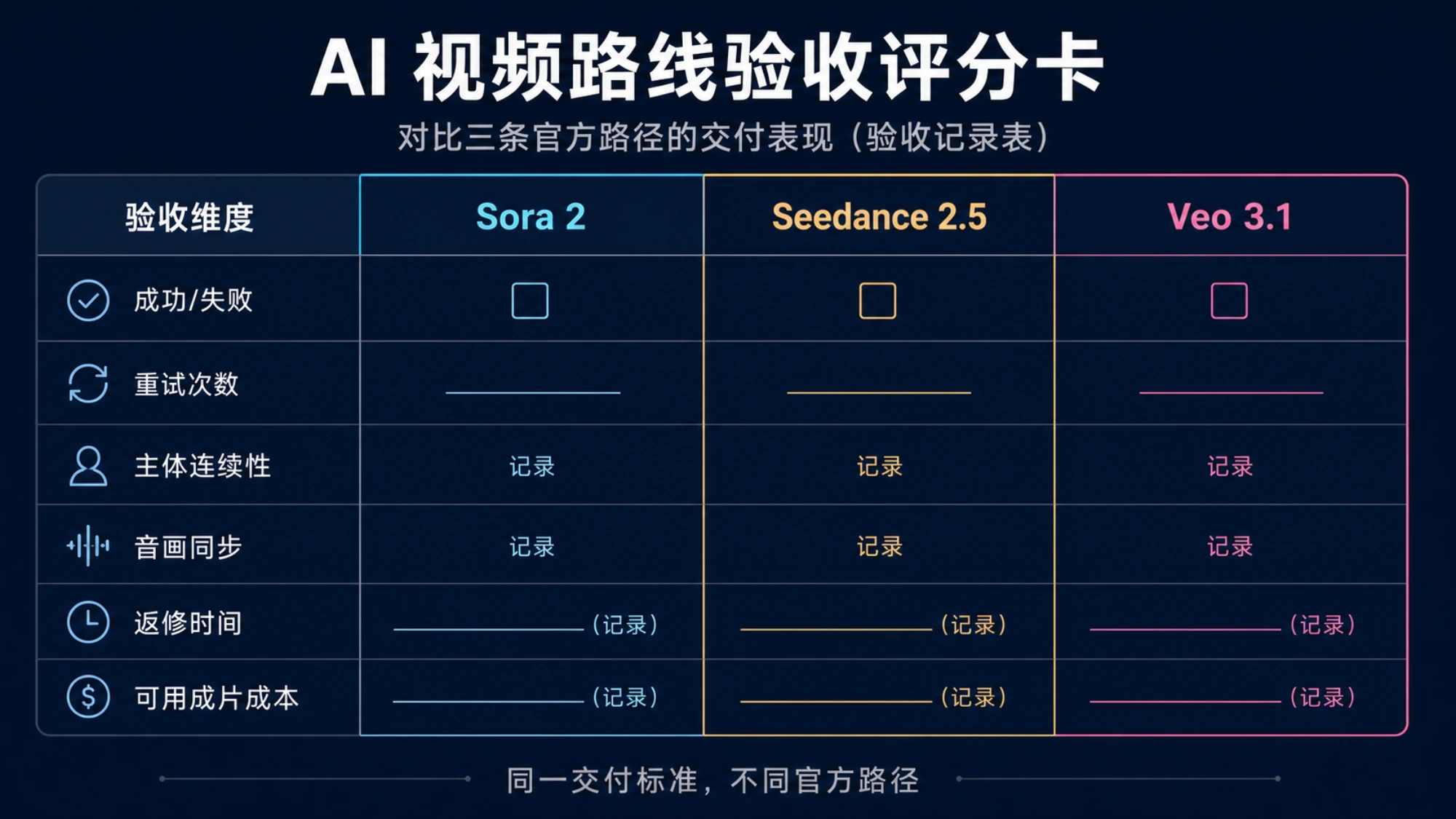 记录三款模型成功率、重试、音画一致性和返修成本的验收表
